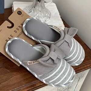 Rae Dunn gray slippers with white stripes and bow tie. NEW, women’s size S (5-6)